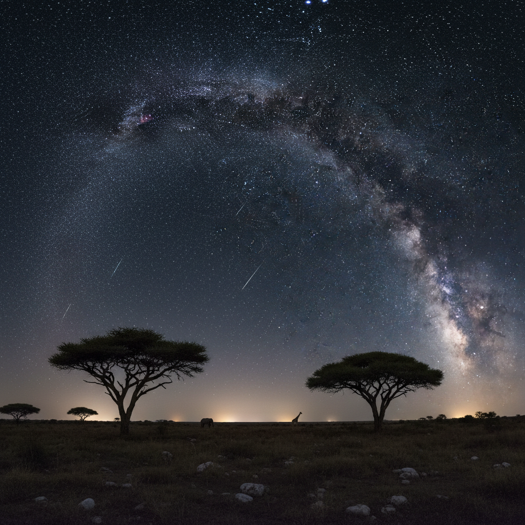 Milky Way galaxy arc over African savanna at night, brilliant star field, silhouette of flat-topped acacia trees, Kenya landscape, astrophotography