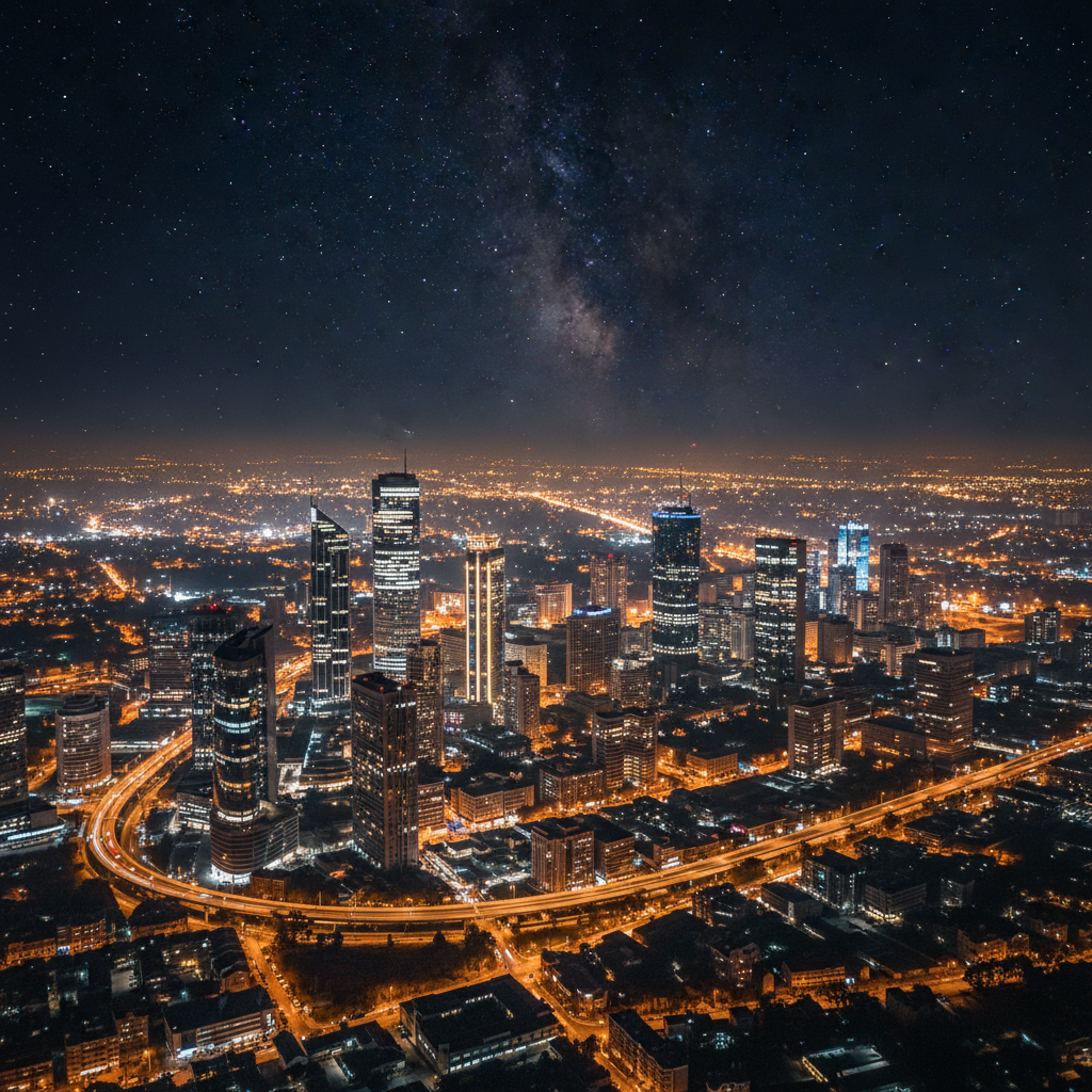 Nairobi Kenya aerial night view, city lights glowing in warm gold and amber, skyscrapers and buildings lit up, drone photography perspective, cinematic moody atmosphere