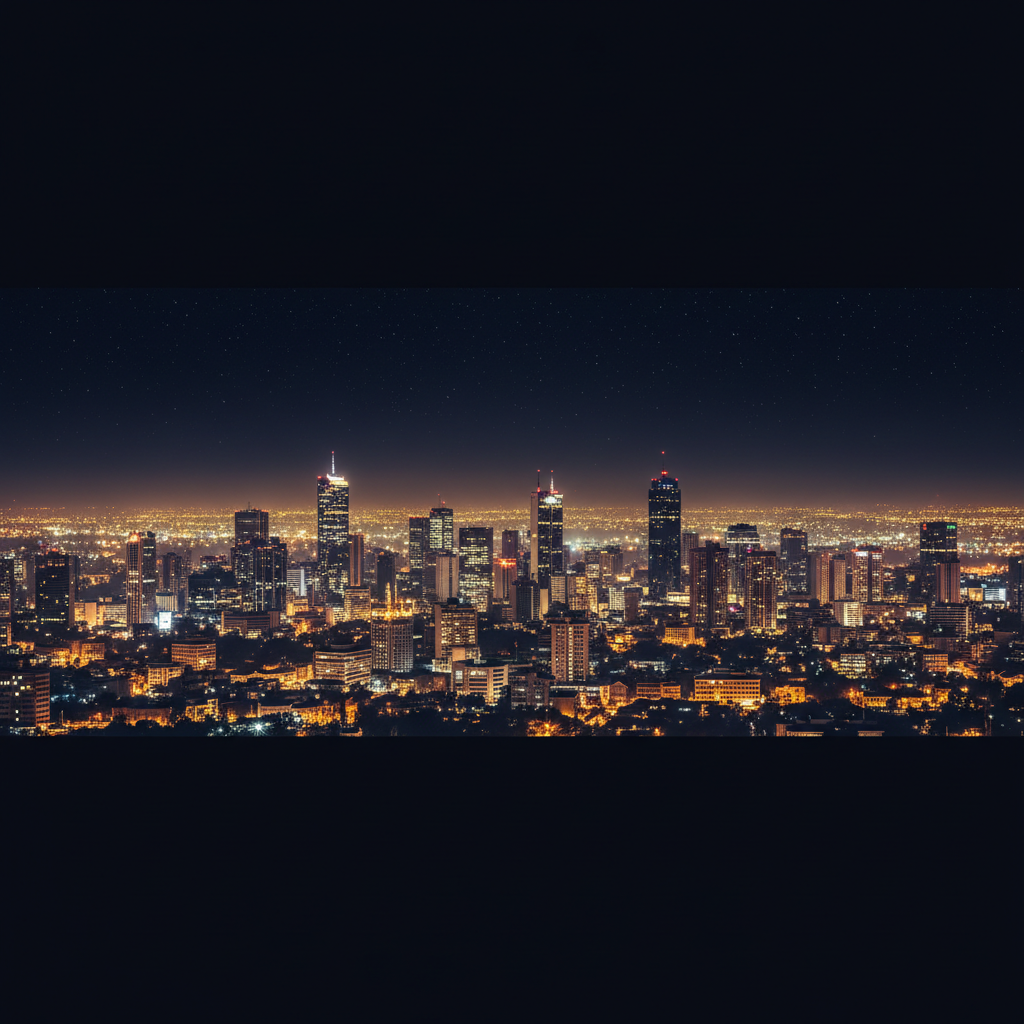 Nairobi city night skyline panoramic view, glittering city lights spread across the horizon, dark dramatic sky filled with stars, cinematic wide-angle
