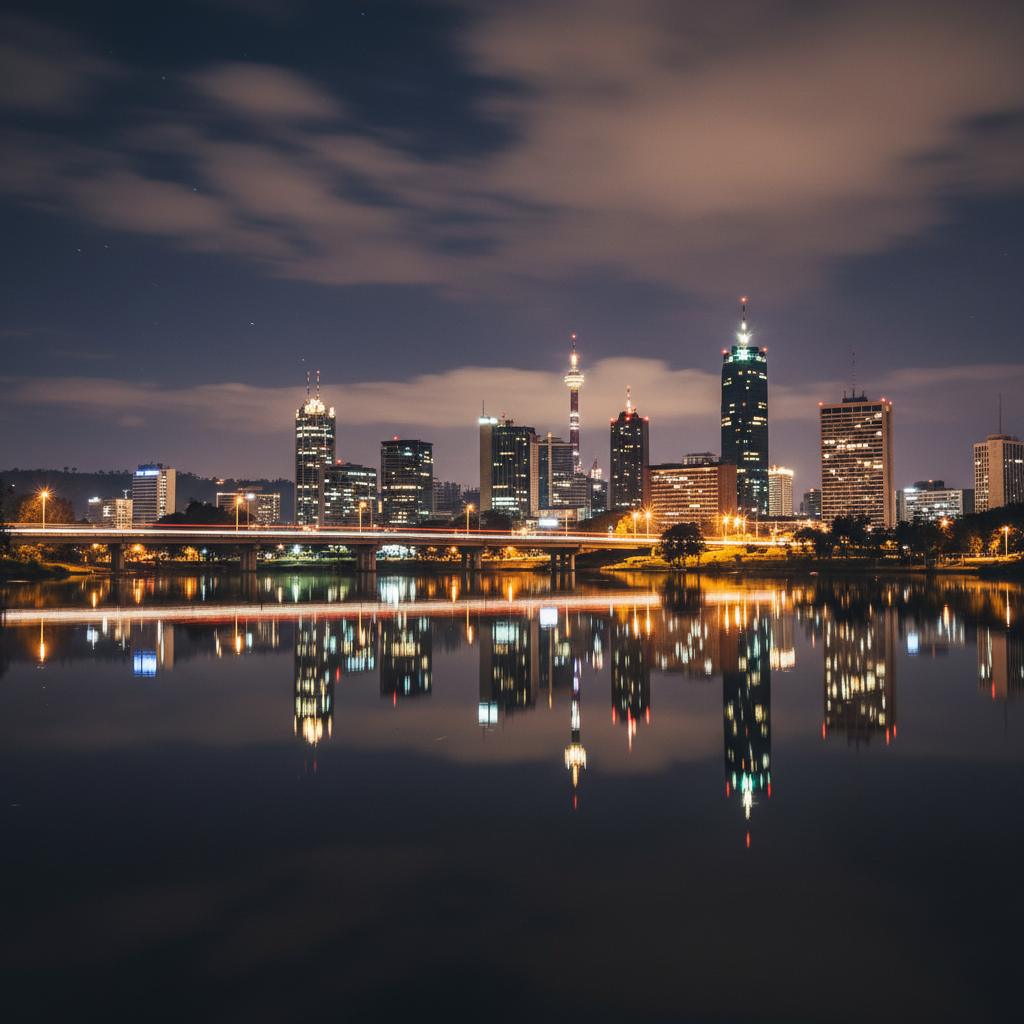 Nairobi Kenya night skyline reflection in water, city lights mirrored in calm lake, dark moody sky with stars, golden and white building lights