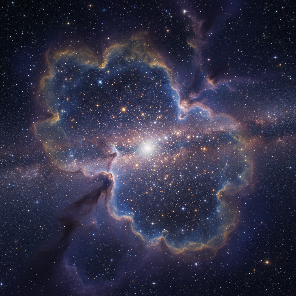 Bright star cluster and nebula in deep space, vibrant cosmic colors, purple blue and gold hues, thousands of glittering stars, Milky Way core